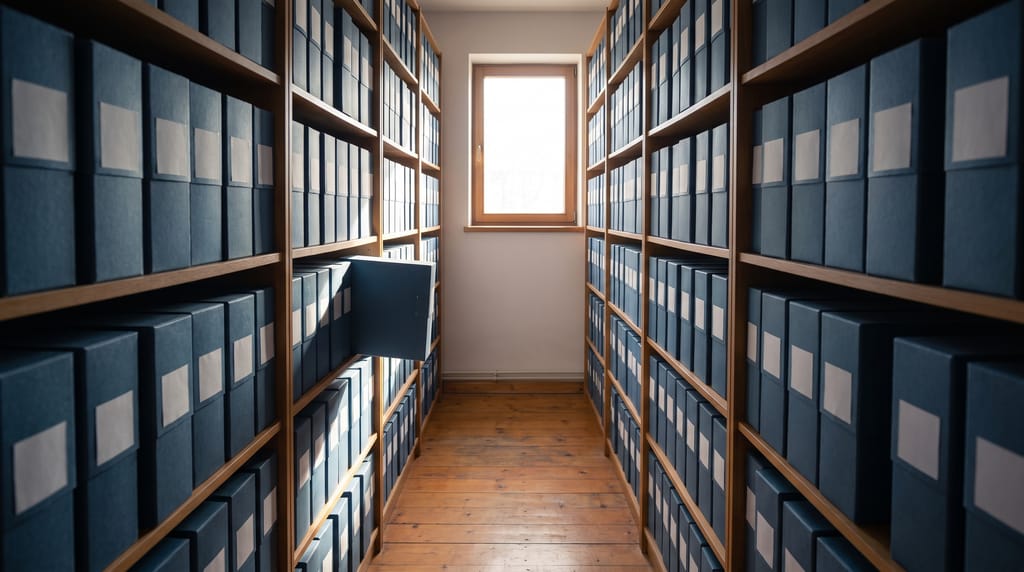A narrow archive aisle lined floor to ceiling with identical plain document boxes, one pulled halfway out at chest height, a window at the far end throwing light down the floor.