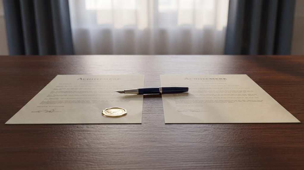 Two printed agreements side by side on a dark wooden desk, one with a small gold seal near its signature and one plain, a fountain pen lying between them, a curtained window behind.