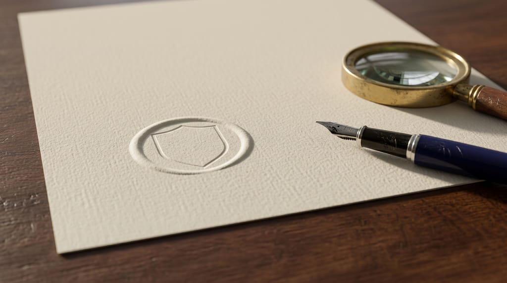 A close-up of a shield-shaped embossed seal pressed into thick cream paper on a dark wooden desk, a fountain pen and a brass magnifier beside it.