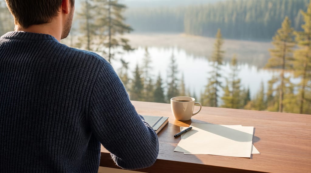 A person in a navy sweater seen from behind at a warm wooden desk by a large window, a closed notebook, a pen, a mug and a few blank sheets of paper on the desk, a misty lake and pines beyond.