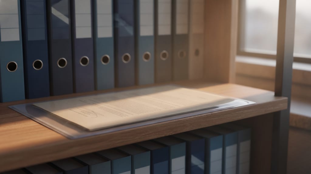 A signed paper agreement in a clear archive sleeve on a shelf among labelled binders, lit by a single shaft of light.
