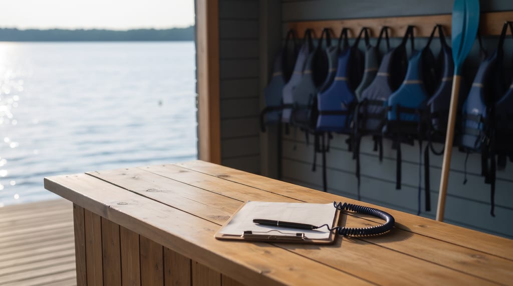 A wooden hire counter at a lake with a clipboard and a pen on a cord, buoyancy aids hanging on pegs behind and a paddle leaning against the wall, water bright beyond.