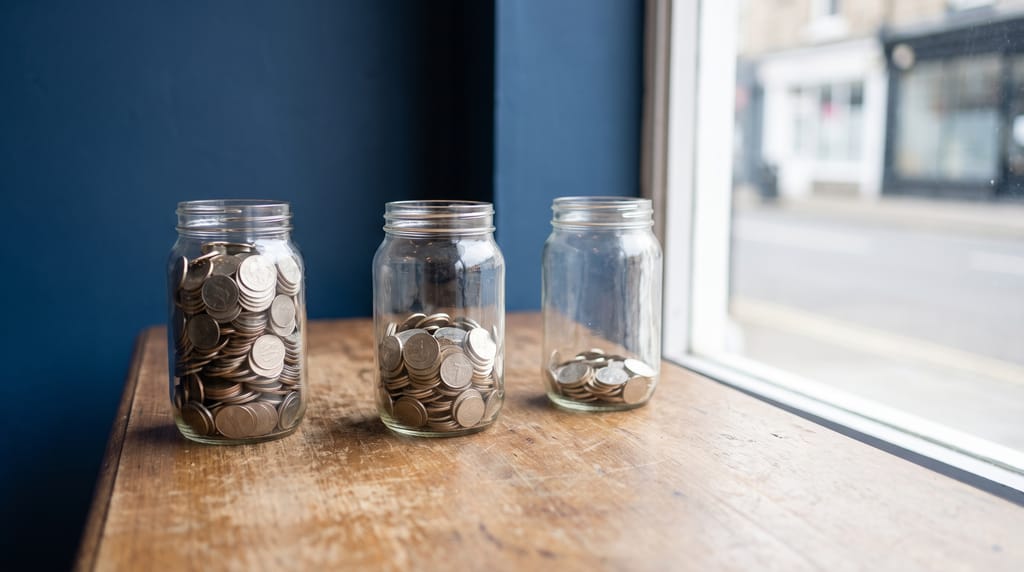 Three glass jars of coins, full, half full and nearly empty, in a row on a wooden counter by a window.