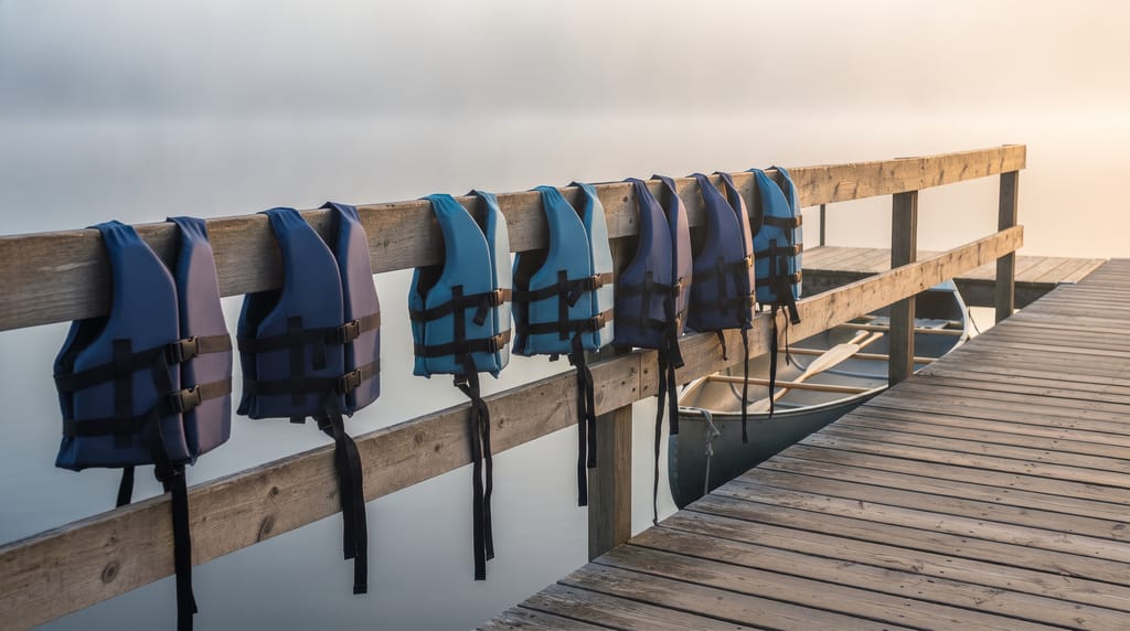 A rack of buoyancy aids in child and adult sizes hanging on a wooden dock rail beside canoes, with mist on the lake behind.