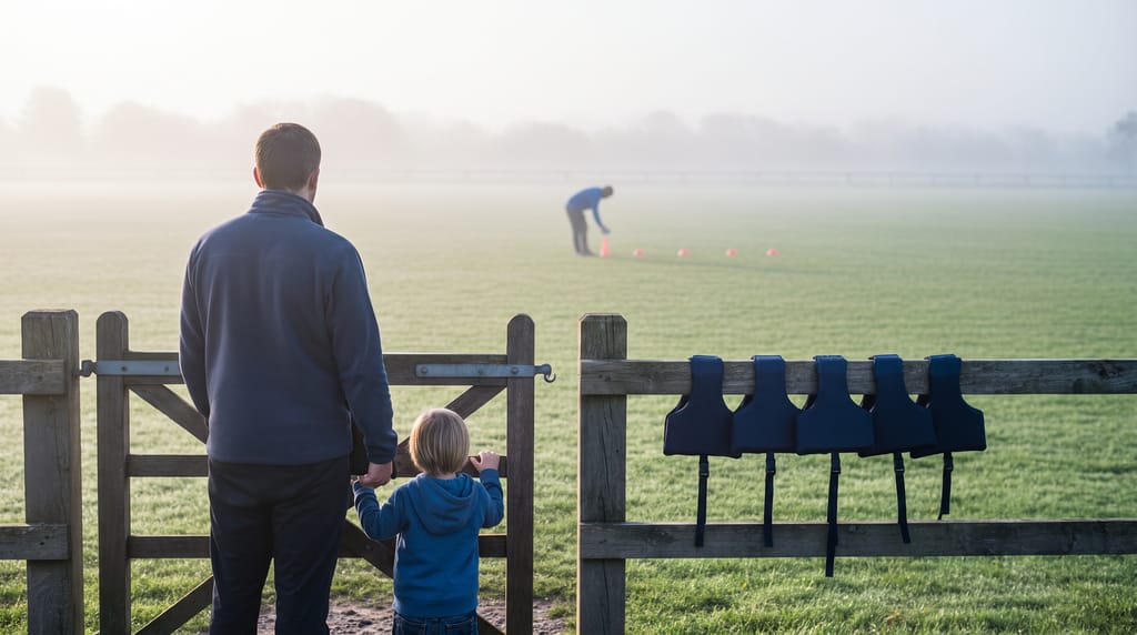 A parent and a small child seen from behind at the wooden gate of a misty sports field, the parent holding a tablet at their side, a row of small navy buoyancy aids on the fence rail, a coach far off setting out cones.