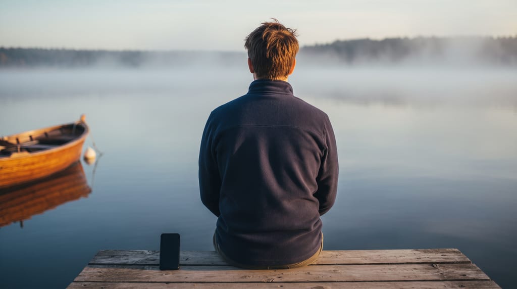 Seen from behind, a person in a navy fleece sitting on the end of a wooden dock at dawn with a phone beside them, mist on the water and a moored boat to the left.