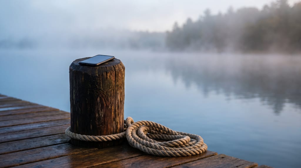 A phone with a dark screen lying on top of a wooden dock post, a coiled mooring line at its foot, mist over the lake.