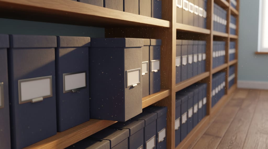 A long shelf of identical navy archive boxes receding into soft focus, the nearest one slightly pulled out, empty label holders, a shaft of morning light across the row.