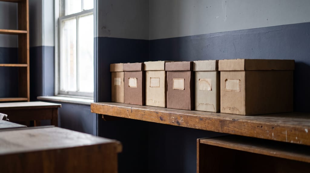 Six cardboard archive boxes of different shades in a row on a wooden shelf by a window, their labels blank.