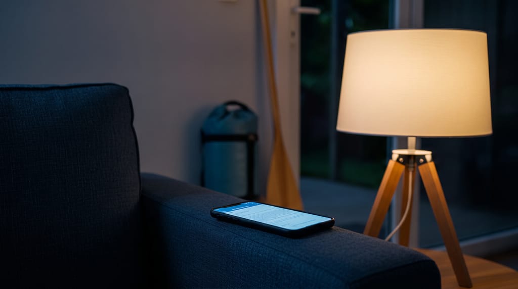 A phone resting on the arm of a sofa at night, showing a document page, with a lamp lit and a packed bag and paddle by the door out of focus.