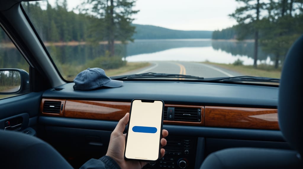 From the back seat of a car on a lakeside road: a hand in the passenger seat holding a phone showing a plain page with a blue button, pines and water through the windscreen, a cap on the dashboard.