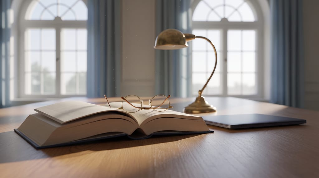 A heavy bound volume lying open on a wide oak table beside a closed laptop, reading glasses folded on the page, an unlit brass desk lamp, tall windows behind.