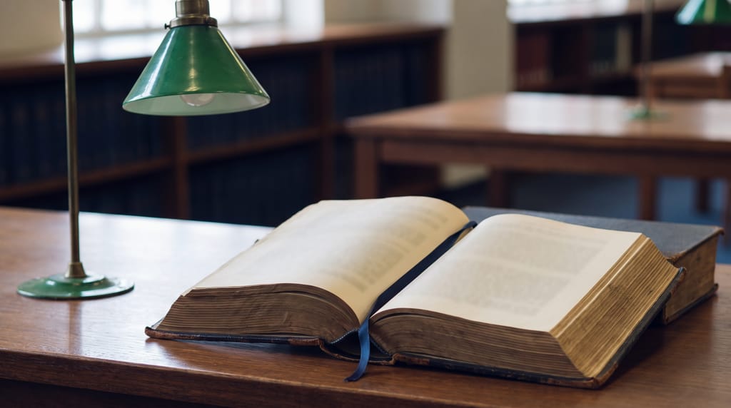 A heavy law book lying open on a library table under a green reading lamp, a ribbon marker across it.