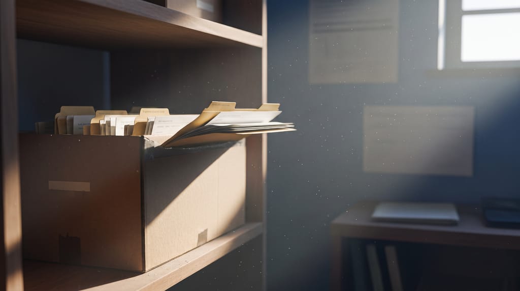 A cardboard archive box of paper forms on a shelf in a dim back office, one folder pulled halfway out, dust in a beam of light from a high window.
