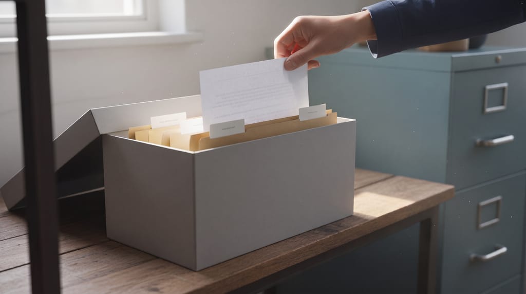 An open grey archive box of folders on a wooden shelf in a small office, a hand lifting one page half out, a filing cabinet soft behind, light from a high window.