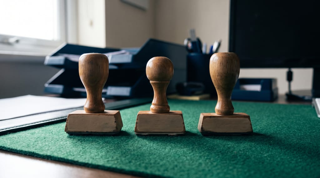 Three wooden rubber stamps standing in a row on a green desk blotter.