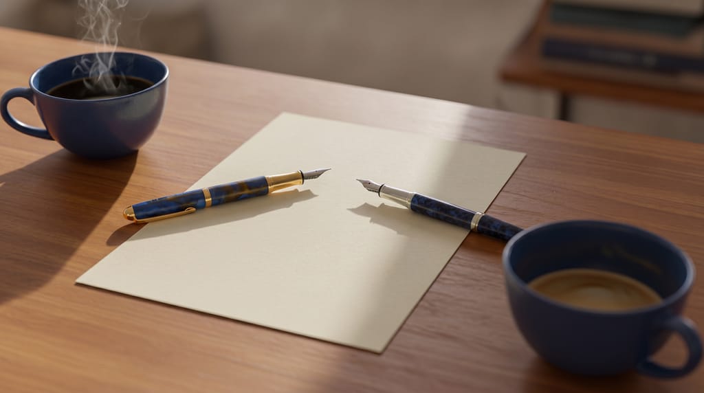 Two fountain pens lying head to tail on either side of a single blank sheet of cream paper on a wooden table, a coffee cup at each opposite corner.