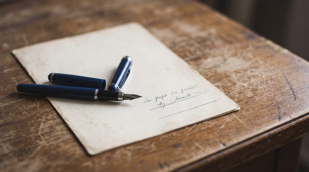 Two navy pens, one capped and one open, lying on a signed sheet of paper on a worn wooden desk.