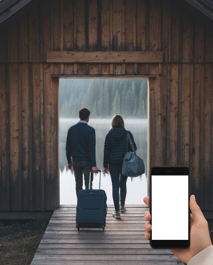 A hand holding a phone showing a document and a signature, outside a timber lakeside cabin, with two guests walking to the door with luggage.