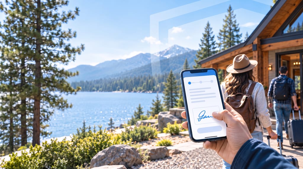 A hand holding a phone showing a document and a signature, outside a timber lakeside cabin, with two guests walking to the door with luggage.