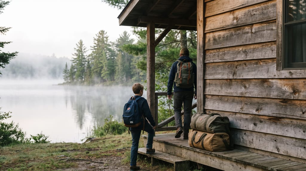 An adult and a child seen from behind walking up to the porch of a timber camp cabin, duffel bags lined along its edge, pines and a misty lake behind.