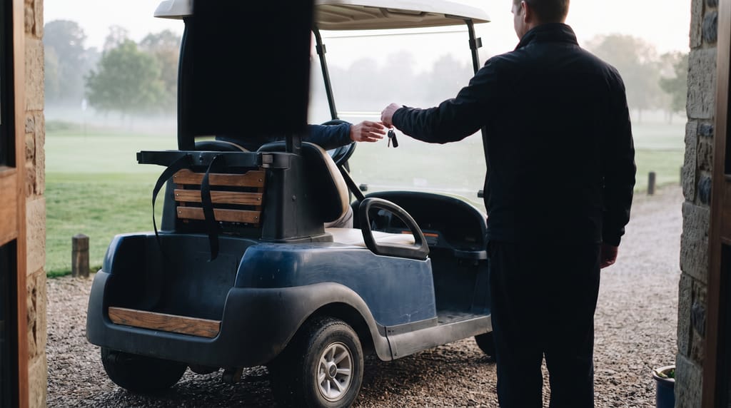 An attendant seen from behind handing keys across to a player beside a golf cart pulled up at a stone clubhouse door, the fairway and morning mist beyond.