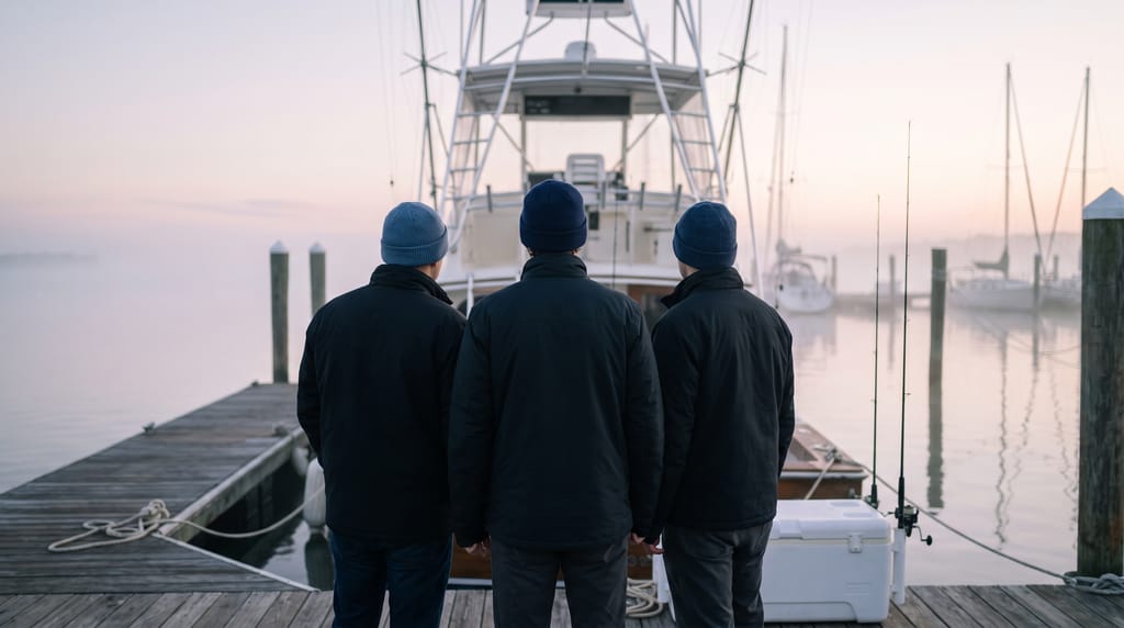 Three people in plain jackets and caps standing together on a misty marina dock at dawn, seen from behind, facing a sport-fishing boat tied alongside with a cooler and rods beside them.