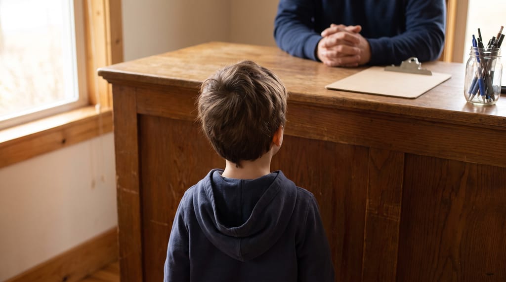 A child seen from behind at a tall timber counter that comes up above their shoulder, with only an adult's folded hands and forearms visible on the far side, a blank clipboard and a jar of pens beside them.