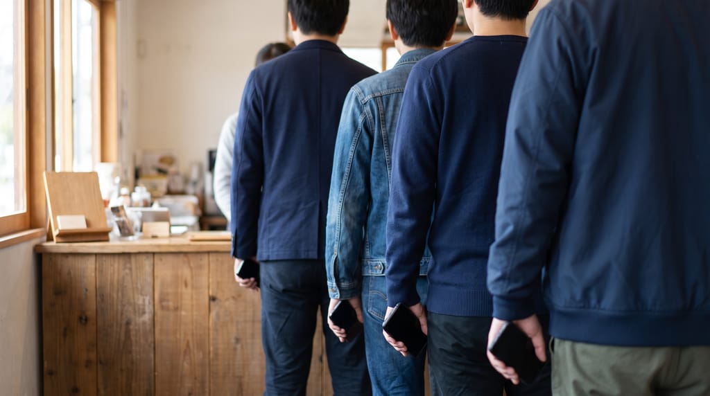 A queue of four people photographed from behind, all facing a timber counter, each holding a phone with a dark switched-off screen at their side, a small blank card stand on the counter's near corner.