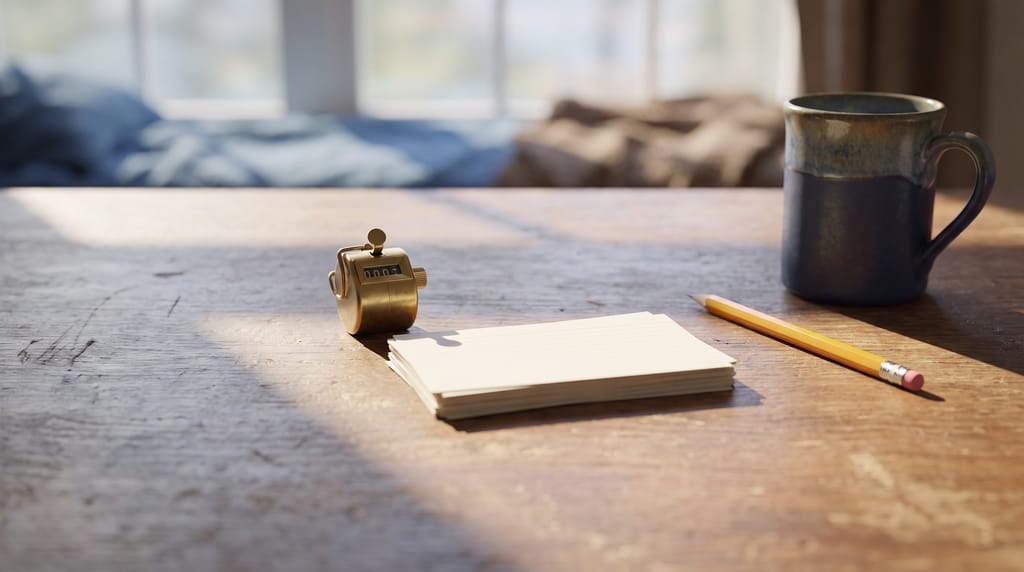 A brass tally counter, a stack of blank index cards, a sharpened pencil and a mug on a wooden desk, sunlight falling in a bar across the grain.