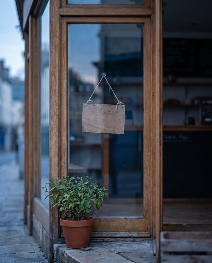 The glass door of a small shop, a blank wooden sign hanging inside it, a potted plant on the step.