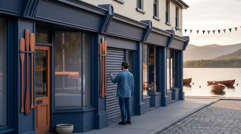 A row of navy-painted shopfronts on a lakeside street at opening time, wooden paddles racked by one door, a person seen from behind raising a shutter, bunting overhead, small boats on the water.