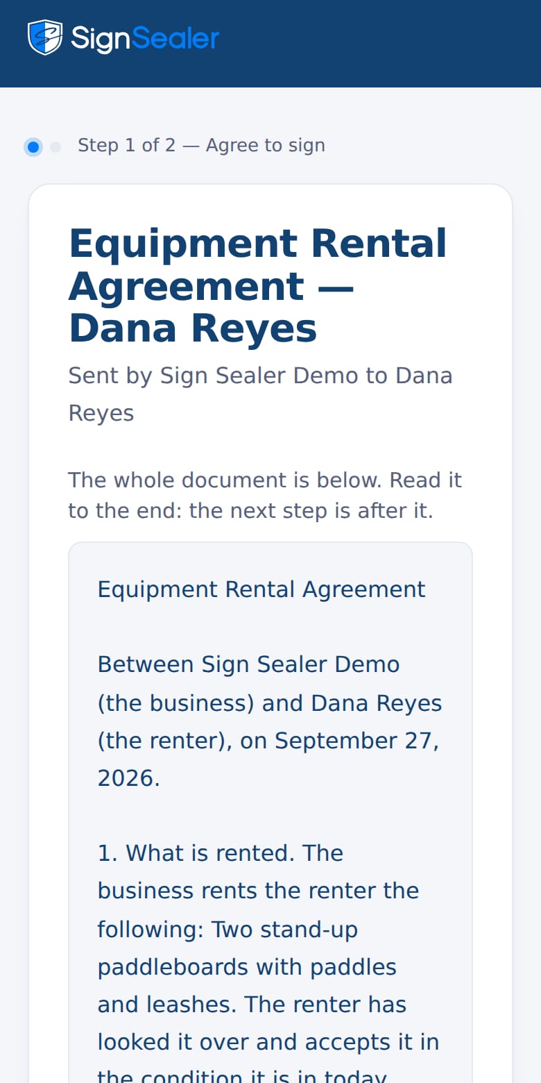 The two-party rental agreement demo on a phone, opened: the document, who sent it and to whom, and the first step, agreeing to sign.