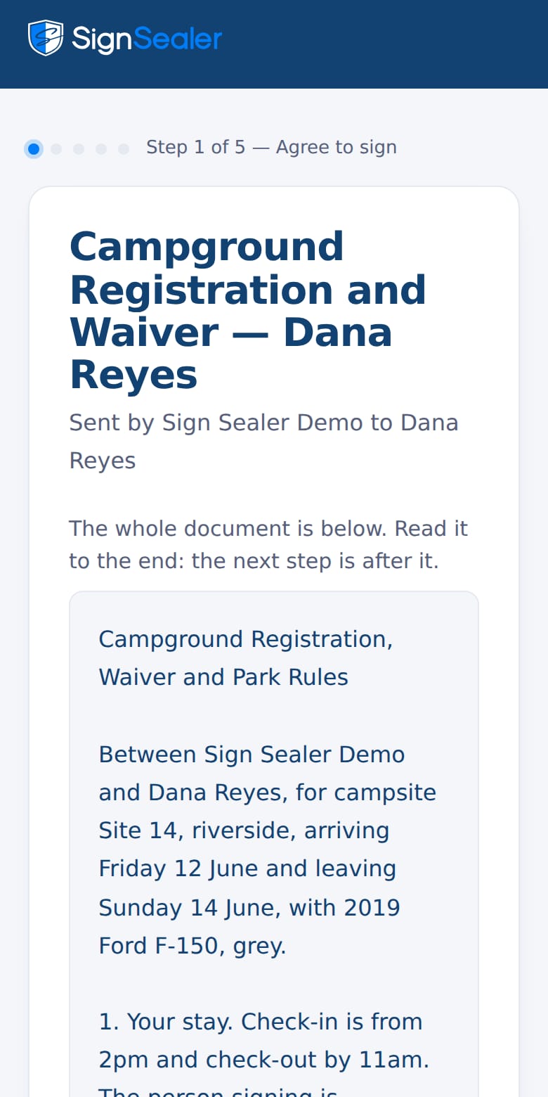 The campground demo on a phone, opened: the document, who sent it and to whom, and the first step, agreeing to sign.