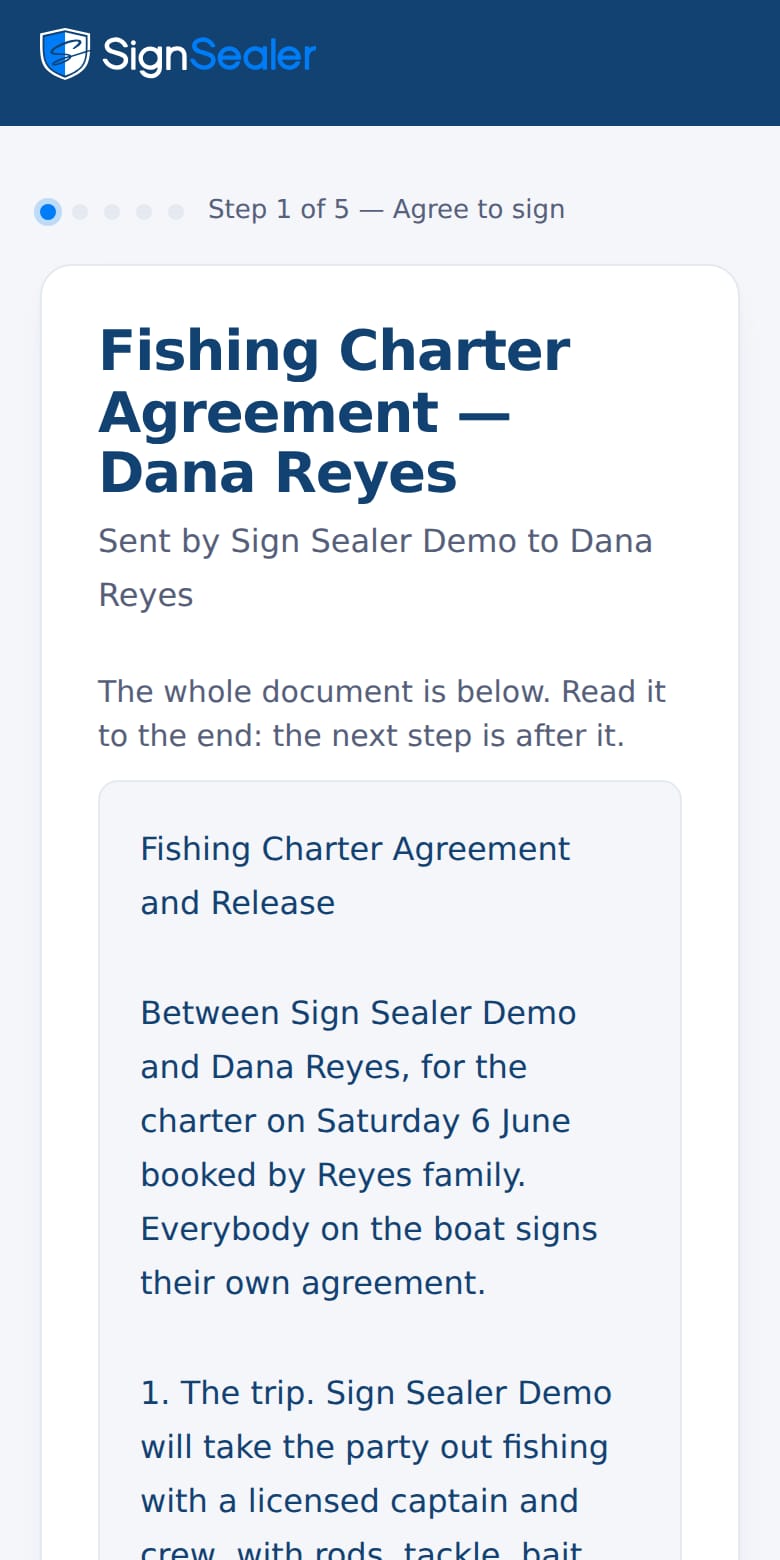 The fishing charter demo on a phone, opened: the document, who sent it and to whom, and the first step, agreeing to sign.