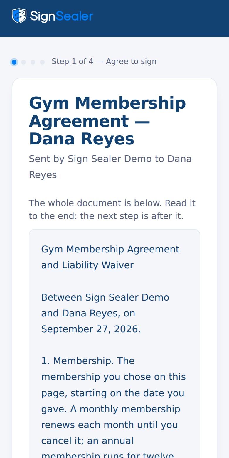 The gym membership demo on a phone, opened: the document, who sent it and to whom, and the first step, agreeing to sign.