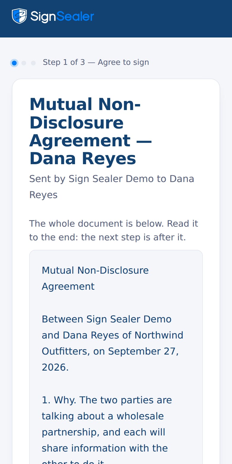 The mutual NDA demo on a phone, opened: the document, who sent it and to whom, and the first step, agreeing to sign.