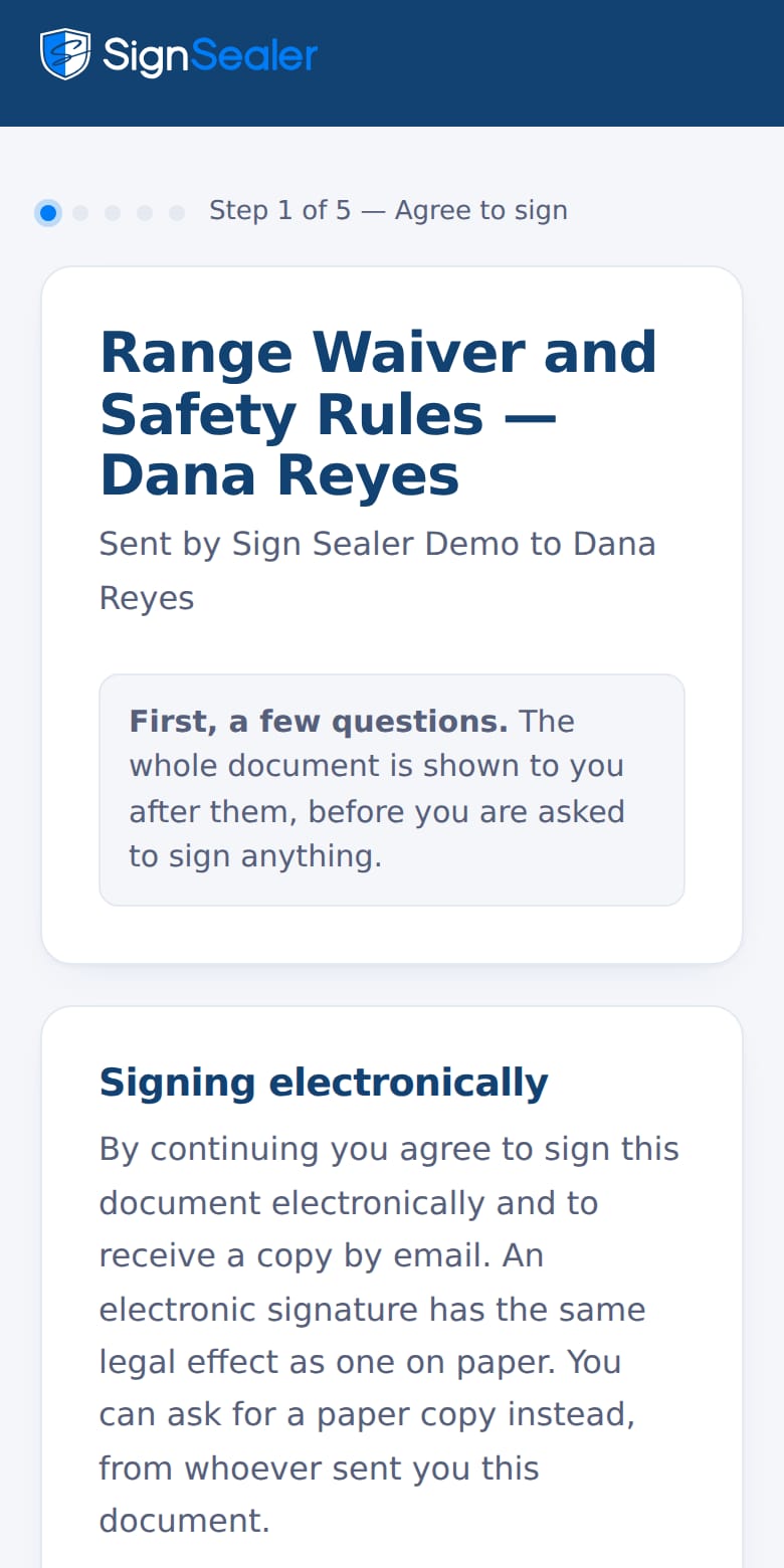 The gun range waiver demo on a phone, opened: the document, who sent it and to whom, and the first step, agreeing to sign.