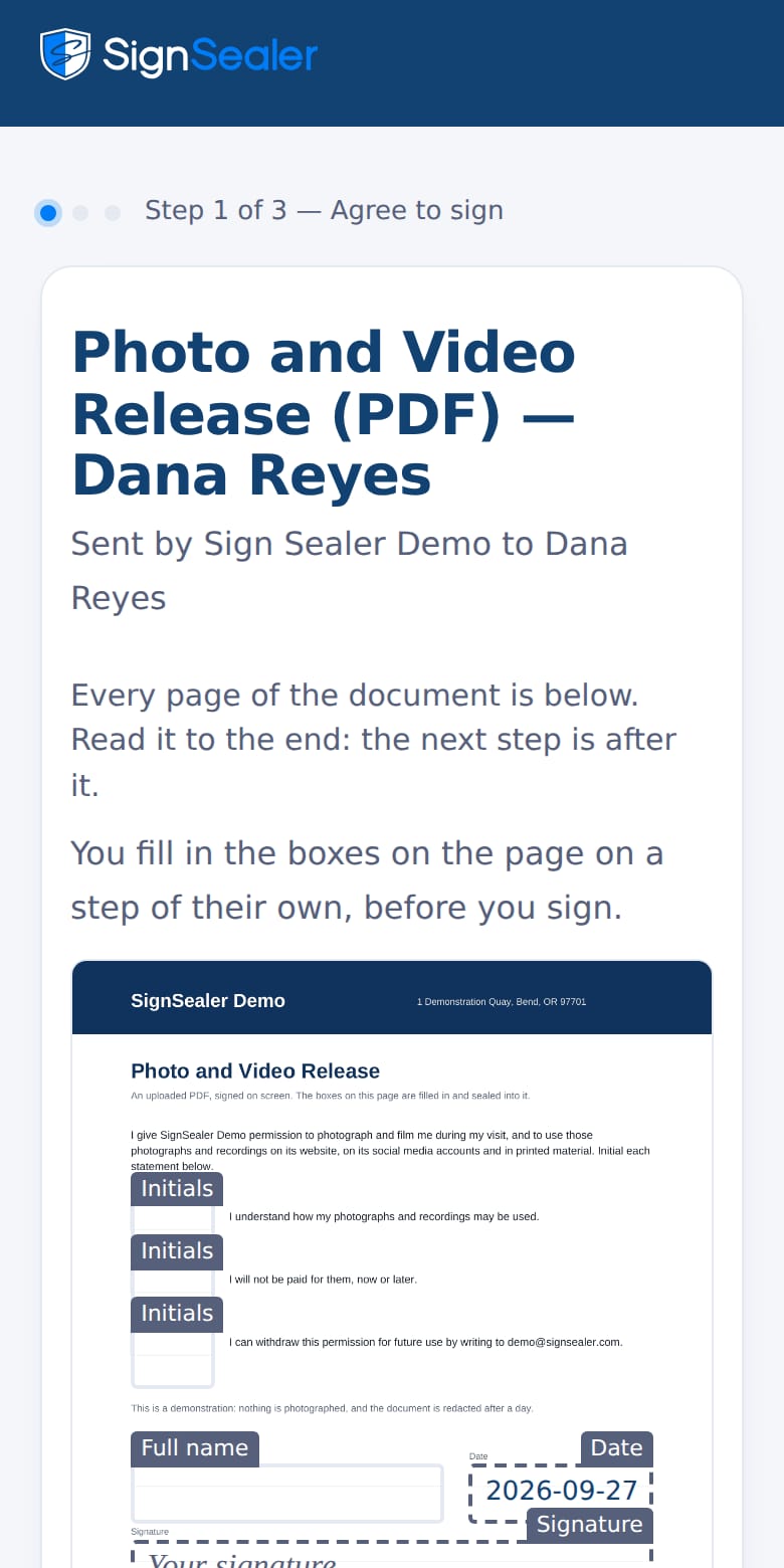 The uploaded PDF release demo on a phone, opened: the document, who sent it and to whom, and the first step, agreeing to sign.