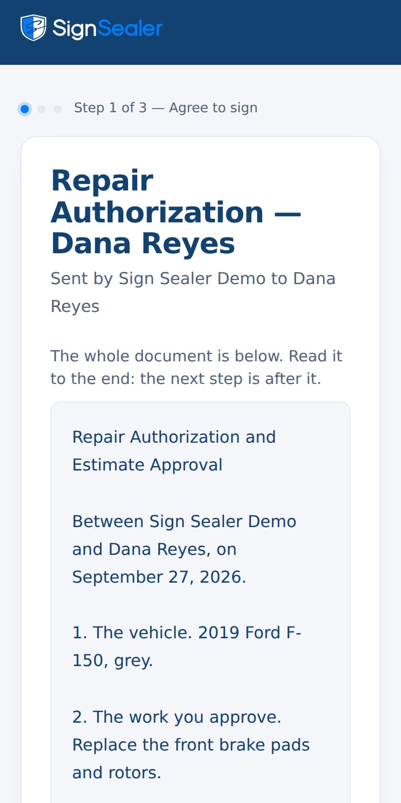 The repair authorization demo on a phone, opened: the document, who sent it and to whom, and the first step, agreeing to sign.