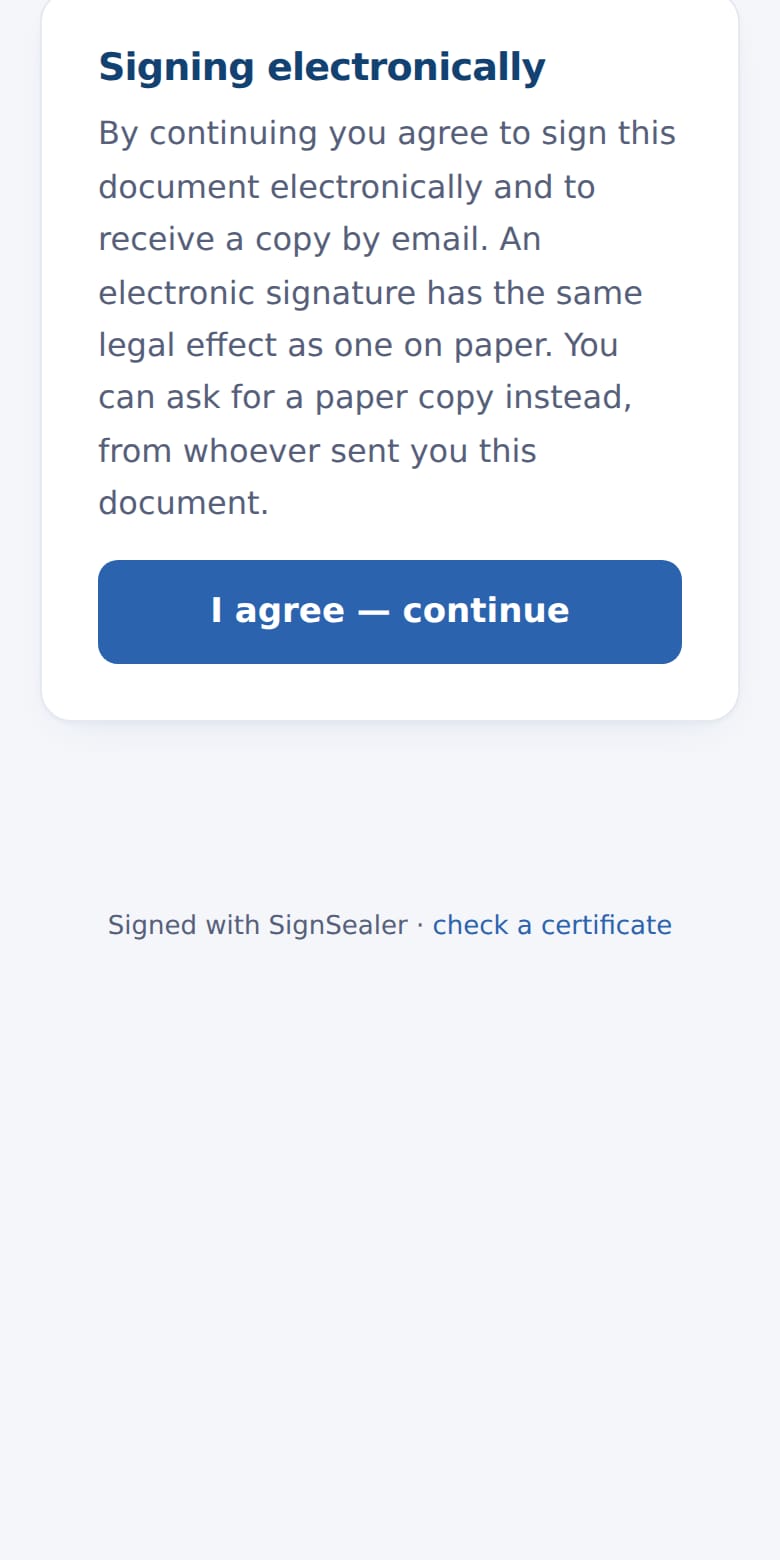 Signing electronically, asked on its own: what it means, and the button that agrees to it.