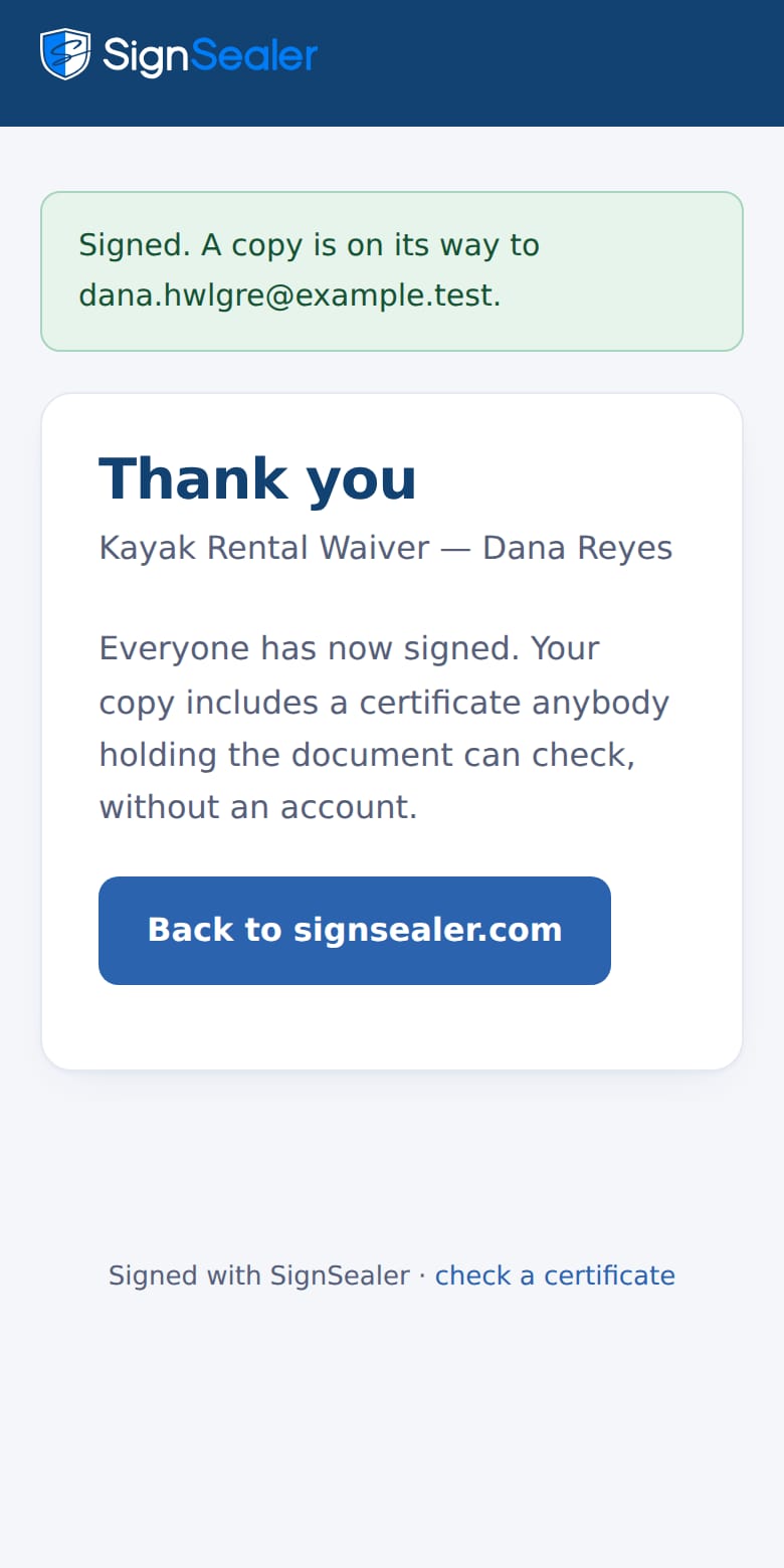 The page after signing on a phone: a copy on its way by email, and a thank-you saying the copy carries a certificate anybody can check.