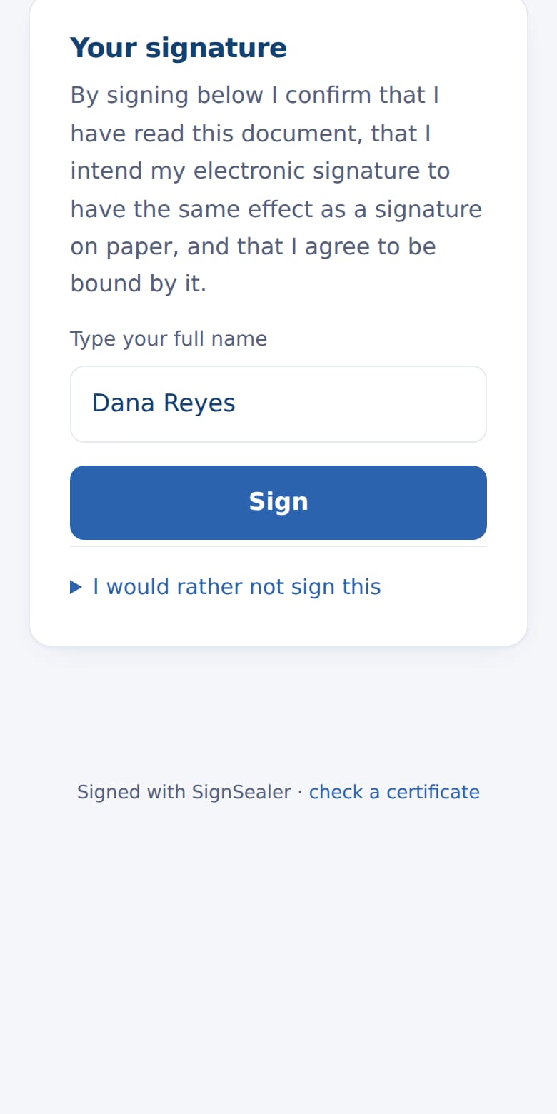 The signature step on a phone: the confirming sentence, the full name typed, and the Sign button.