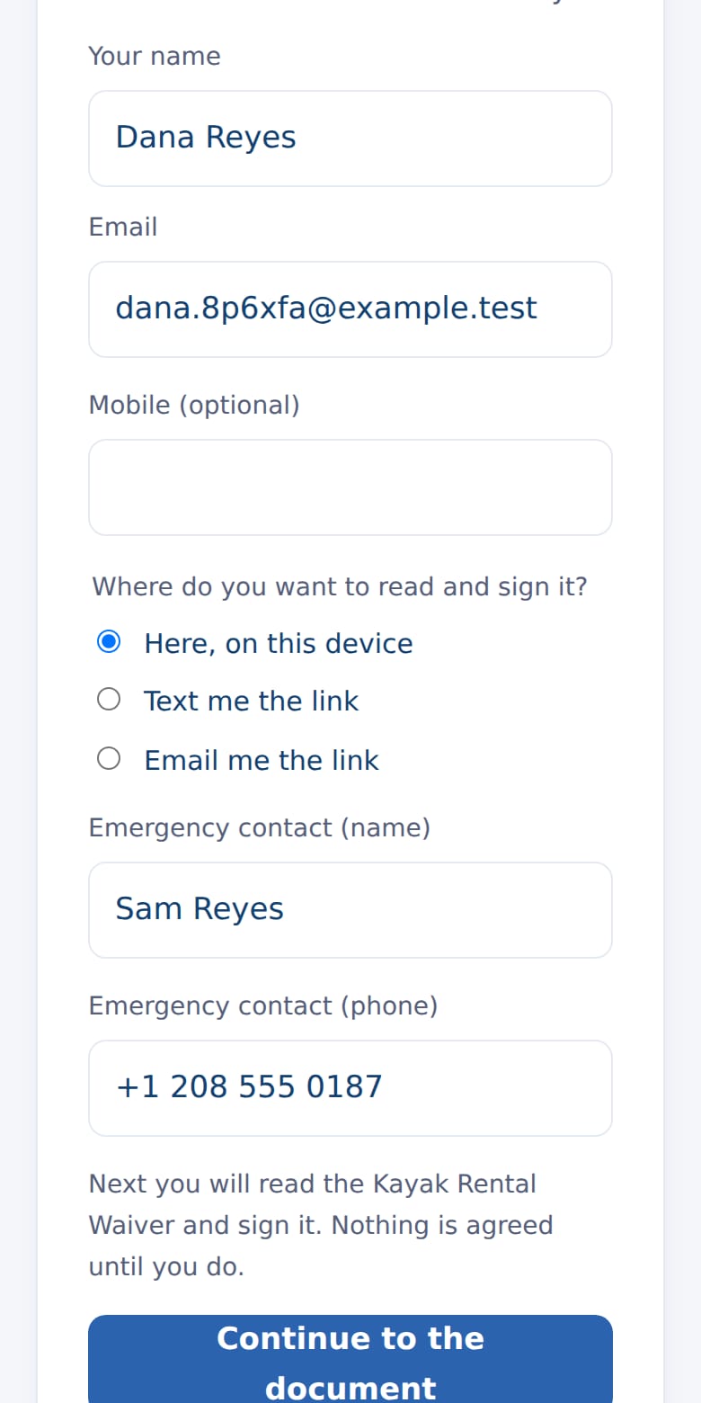 The demo's public form on a phone: name, email, mobile, where to read and sign, and the tick that agrees to texts.