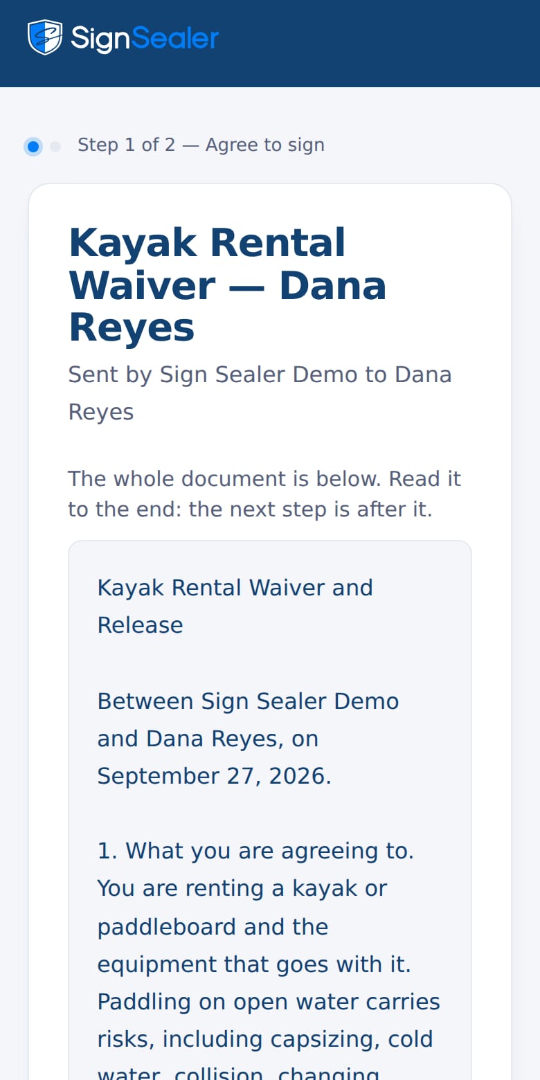 The kayak rental waiver demo on a phone, opened: the document, who sent it and to whom, and the first step, agreeing to sign.