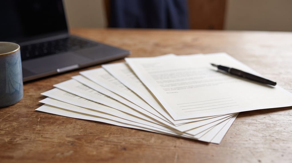 A loose stack of printed pages fanned across a wooden desk so the type reads as grey texture, two blank ruled signature lines at the foot of the top sheet, a closed laptop and a pen beside them.
