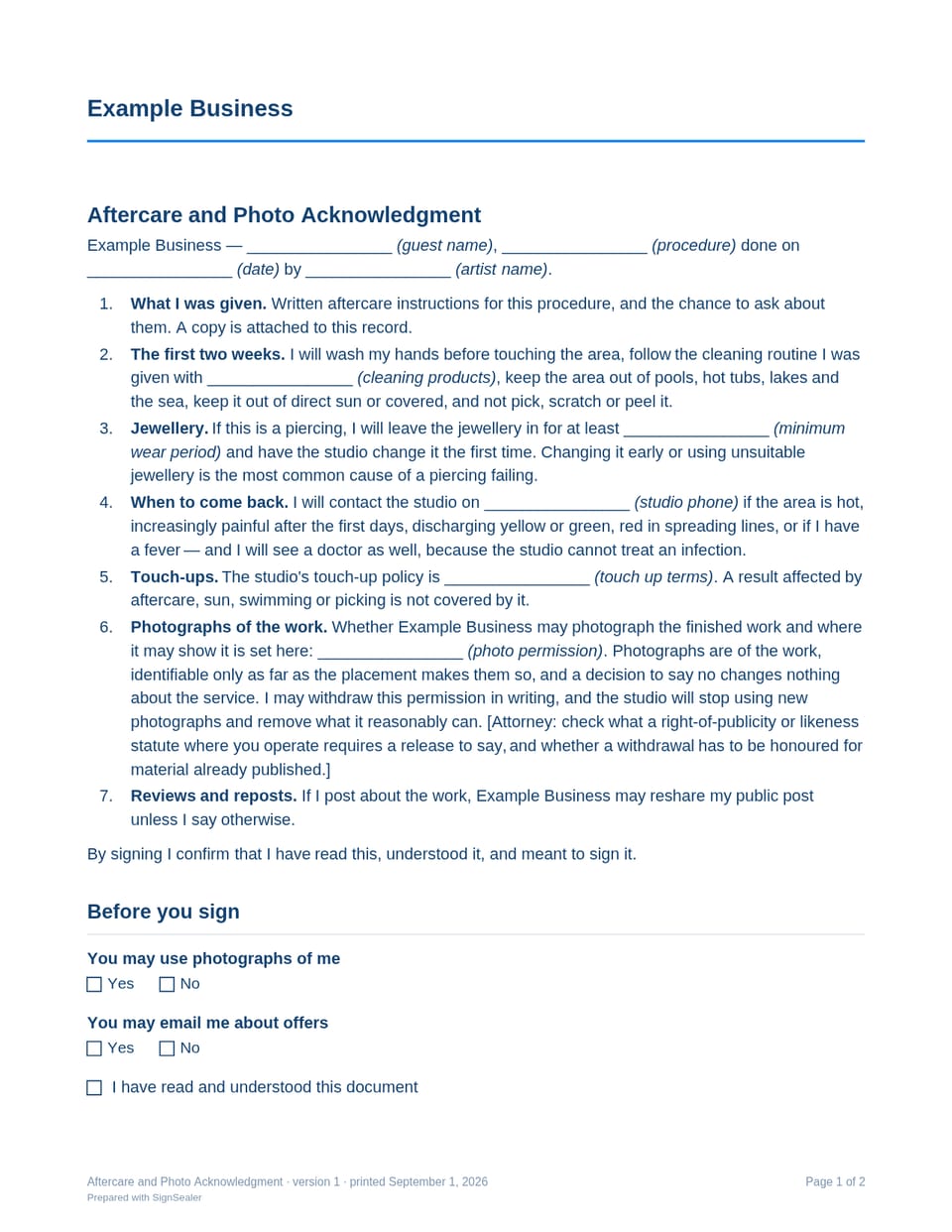 Page one of the Aftercare and Photo Acknowledgment, as a blank copy for Example Business: the document's title and opening clauses, with a line for each blank still to be filled in.
