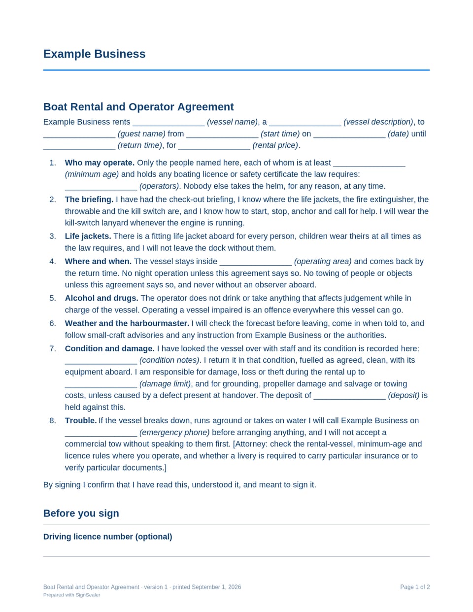 Page one of the Boat Rental and Operator Agreement, as a blank copy for Example Business: the document's title and opening clauses, with a line for each blank still to be filled in.