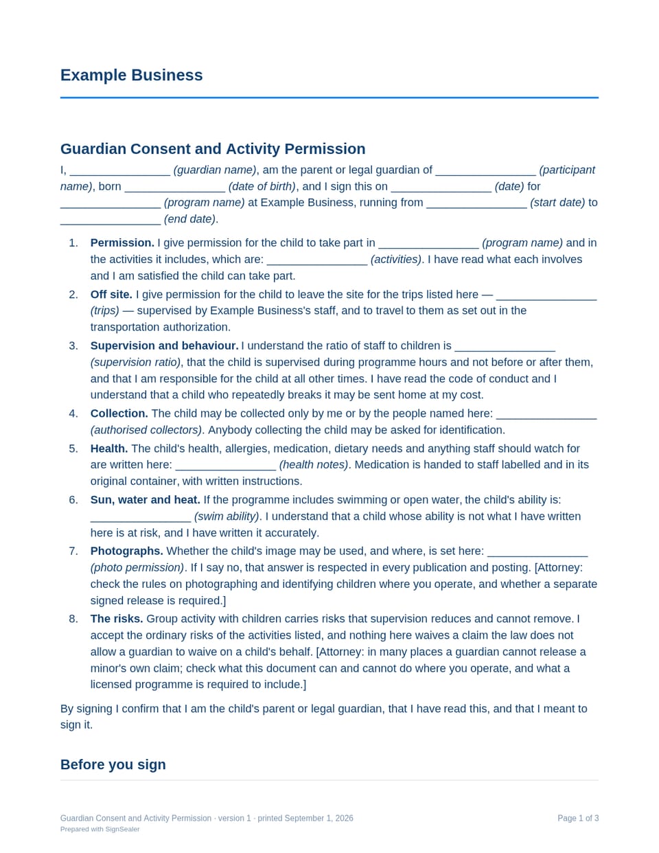 Page one of the Guardian Consent and Activity Permission, as a blank copy for Example Business: the document's title and opening clauses, with a line for each blank still to be filled in.