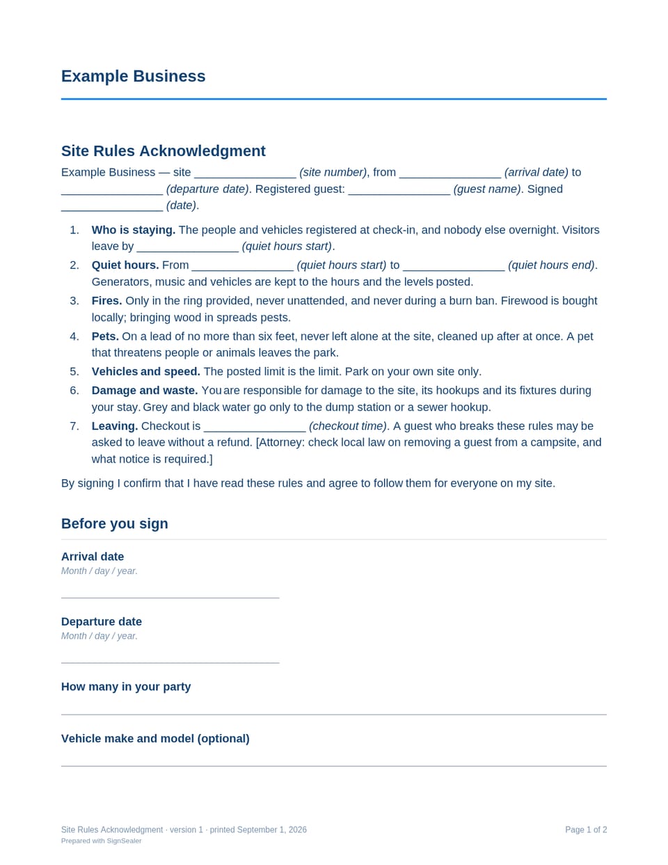 Page one of the Site Rules Acknowledgment, as a blank copy for Example Business: the document's title and opening clauses, with a line for each blank still to be filled in.